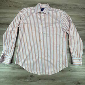 Egara Mens Slim Fit Non-Iron Dress Shirt Orange Blue Striped Long Sleeve Size L